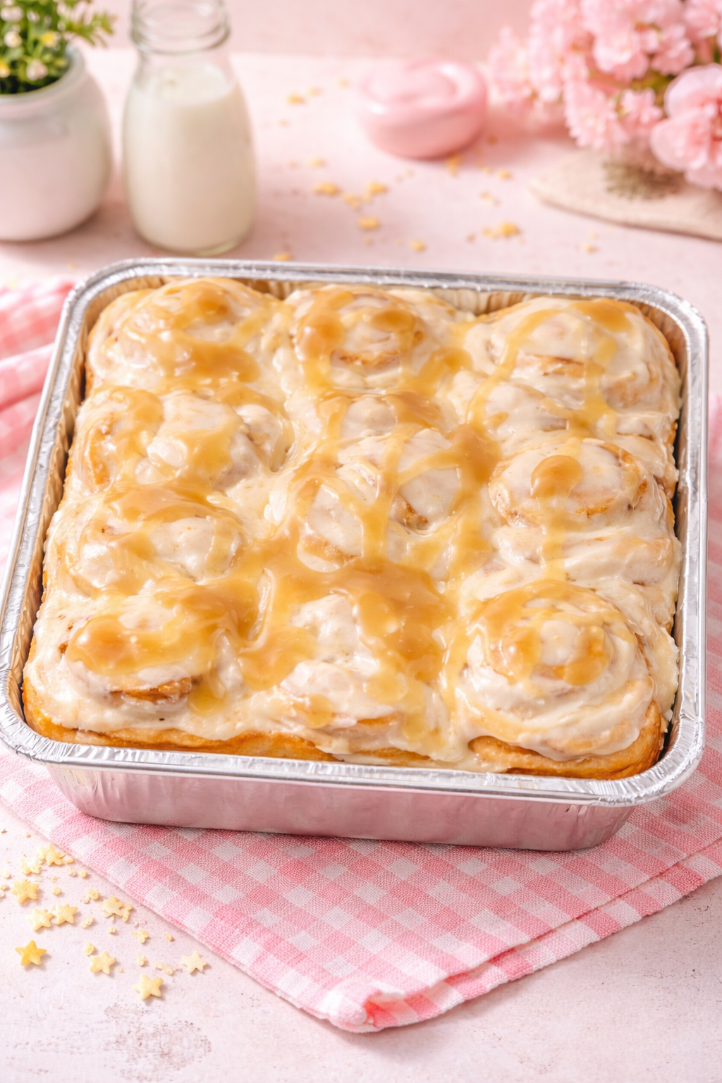 Delicious cinnamon rolls with cream cheese frosting and caramel drizzle
