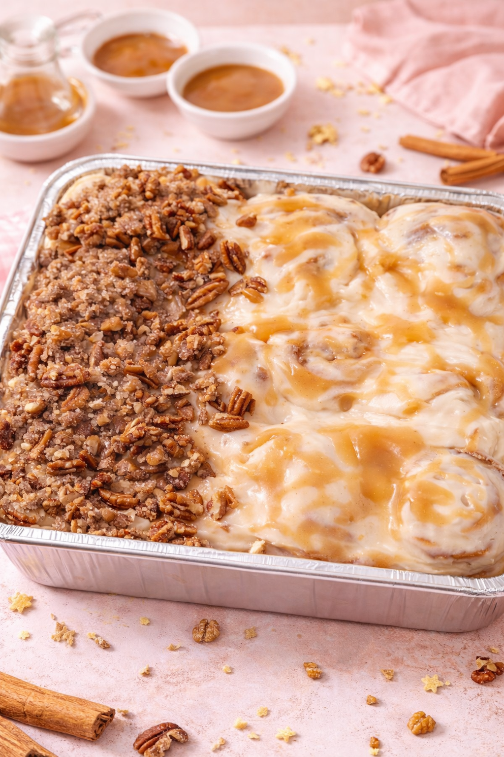 Cinnamon rolls with pecan topping and cream cheese frosting