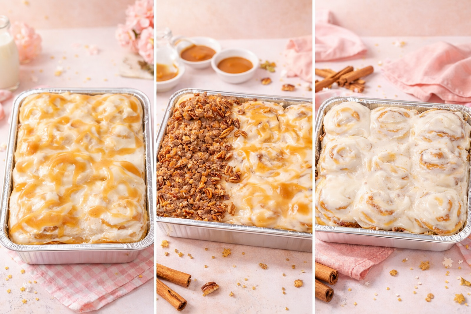 Cinnamon rolls variety - caramel, pecan, and classic